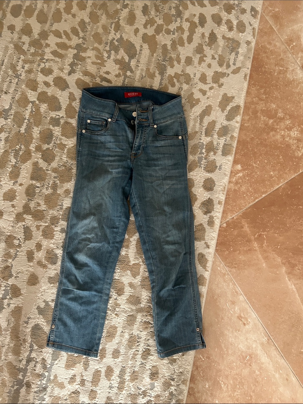 GUESS Women's Medium Blue Straight-Leg Jeans with Subtle Whiskering